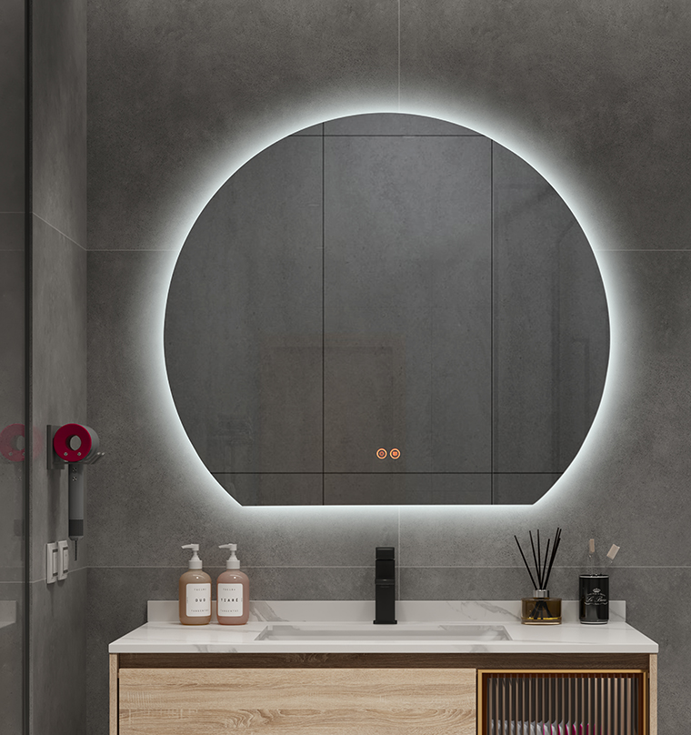 Espejo LED plateado para baño, horizontal, con botón sensible  (D-CK010-ACDEFG)