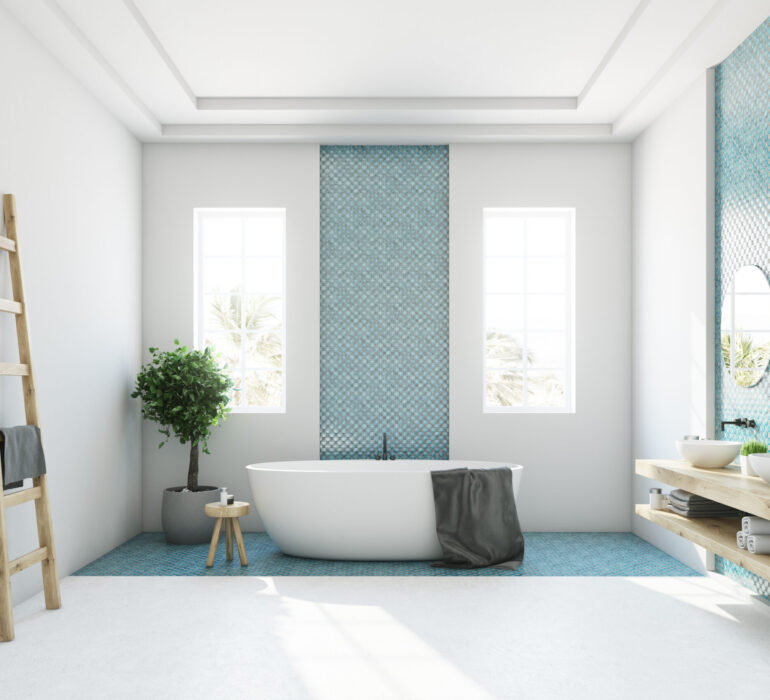 White,And,Blue,Bathroom,Interior,With,A,Round,White,Tub,