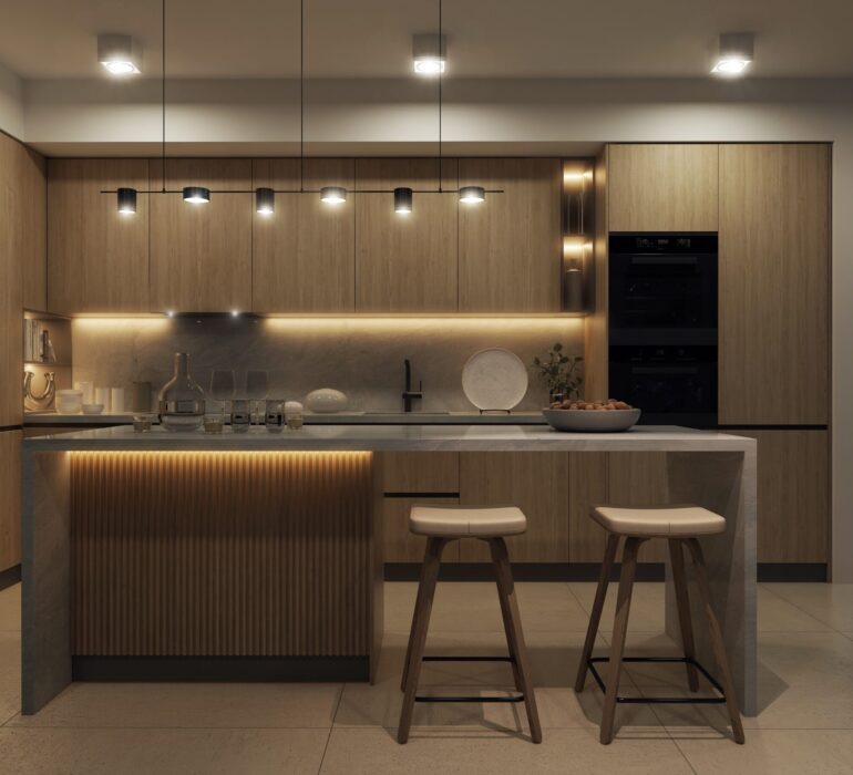 A,Modern,Spacious,Kitchen,With,A,Free-standing,Kitchen,Island.,Bright